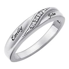 When she says "I do," give her a ring to cherish forever. This polished, Sterling silver or 18K Gold Over Sterling wedding band features elegant genuine Diamond accents that will sparkle and shine for years to come. You can make this ring even more special by personalizing the piece with your names, up to 10 letters per name. When she sees how much thought you put into this elegant wedding band, she'll fall in love with you all over again.  Sterling, Personalize with 2 names of up to 10 characte Personalized Classic Cubic Zirconia Diamond Ring, Classic Personalized Cubic Zirconia Diamond Ring, Personalized Silver Engraved Ring With Cubic Zirconia, Personalized Cubic Zirconia Engraved Wedding Ring, Personalized Diamond Engraved Ring Fine Jewelry, Personalized Cubic Zirconia Promise Ring, Elegant Personalized Engraved Cubic Zirconia Ring, Engraved Cubic Zirconia Ring With Diamond Accents For Promise, Personalized White Gold Cubic Zirconia Rings