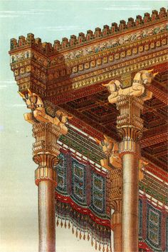 an ornately decorated building with pillars and columns in the center, surrounded by intricate designs