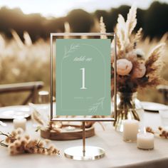 a table with a sign and some candles on it