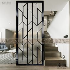 an open glass door in the middle of a room with stairs leading up to it