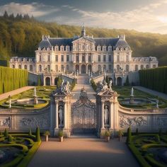 a large white building with lots of hedges around it