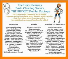 the fairy cleaner's basic cleaning service flyer is shown in orange and white colors