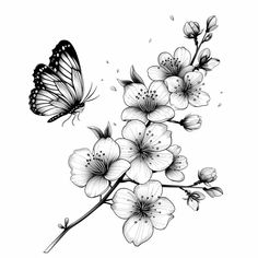 a black and white drawing of flowers with a butterfly flying over the flower on it