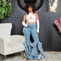 Flared and frayed for a distressed look, these jeans are clubwear and festival ready. [video width="720" height="1280" mp4="https://thextremeshopper.com/wp-content/uploads/flared-frayed-denim-jeans.mp4"][/video] Casual Clubwear, Flared Denim Jeans, Winter Bottoms, Pleated Skirt Short, Flared Denim, Denim Pattern, Plaid Pullover, Denim Patterns, Frayed Denim