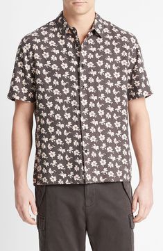 A soft and airy linen blend means all-day comfort in this crisp button-up shirt that has a versatile floral pattern and a straight, boxy cut. 28" length; 44" chest (size Medium) Front button closure Spread collar Short sleeves 54% linen, 46% viscose Machine wash, tumble dry Imported Short Sleeve Floral Print Shirt For Work, Floral Print Short Sleeve Work Shirt, Workwear Floral Print Short Sleeve Shirt, Relaxed Fit Floral Print Shirt For Work, Floral Print Shirt With Relaxed Fit For Workwear, Daywear Floral Print Button-up Shirt, Short Sleeve Linen Shirt With Floral Print, Relaxed Fit Floral Print Shirt With Spread Collar, Casual Linen Tops With Floral Print