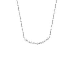 This gorgeous necklace is studded with IGI certified baguette and round diamonds. Ships within 2-4 weeks. Everyday Glam: Embellished with dazzling diamonds, this dainty necklace is a minimalist statement piece you'll return to over and over again.Style tip: Layer with other delicates for added drama. Designed in Austin, Texas. Total diamond weight: 0.24 carats. Diamond color: G-H. Diamond clarity: SI1-SI2. Quality: Our sterling silver jewelry is rhodium plated to give added shine and brightness Baguette Diamond Necklace, Necklace White Gold, Everyday Glam, Silver Diamond Necklace, Necklace Rose Gold, Boot Jewelry, Necklace Ideas, Necklace Rose, Necklace White