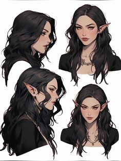 four different angles of a woman's face with long black hair and horns on her head