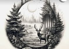 a deer is standing in the middle of a forest with trees and moon on it