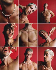 multiple pictures of a shirtless man with pearls around his neck and chest, wearing necklaces