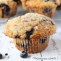 blueberry crumb muffins on a cooling rack with fresh blueberries in the background