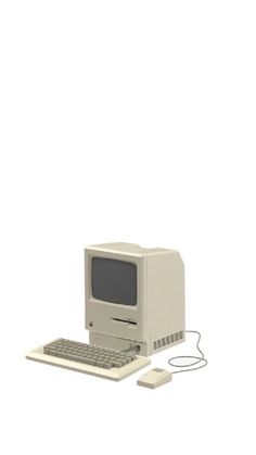 an old apple computer sitting on top of a white table next to a mouse and keyboard