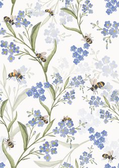 blue flowers and bees on a white background