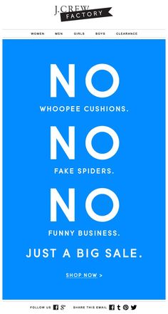 a blue sign that says no whoopee cushions fake spiders just a big sale