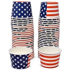 a stack of red, white and blue cups with american flag designs on each cup