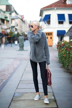 Consider teaming a grey mohair oversized sweater with black skinny pants for a standout ensemble. Make grey slip-on sneakers your footwear choice for a more relaxed aesthetic.  Shop this look for $85:  http://lookastic.com/women/looks/grey-oversized-sweater-black-skinny-pants-burgundy-tote-bag-grey-slip-on-sneakers/4864  — Grey Mohair Oversized Sweater  — Black Skinny Pants  — Burgundy Leather Tote Bag  — Grey Slip-on Sneakers Mode Tips, Snakeskin Pattern, Mode Casual, Looks Street Style, Outfit Trends, Leather Pattern, Mode Inspo, Looks Chic, Inspired Outfits