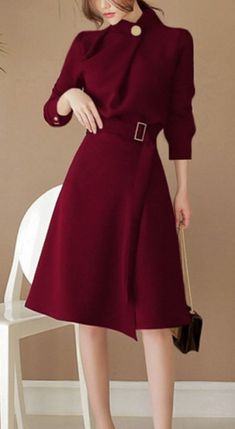 Burgundy Turtle Neck Belted Formal Office Casual Dress. https://pradize.com/collection/occasion-workwear Elegant Solid Color Winter Dress, Knee-length Office Lady Dresses For Winter, Knee-length Winter Dress For Office, Winter Office Lady Knee-length Dress, Winter Knee-length Office Lady Dress, Elegant Knee-length Midi Dress In Solid Color, Elegant Winter Belted Dress, V-neck Semi-formal Winter Dress, Semi-formal V-neck Winter Dress