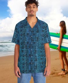 Nothing says "I love summer" like a Hawaiian shirt, and a retro print.  Made to have a boxy fit and a notch lapel collar that are perfect for any laidback scenario, these shirts come with a handy chest pocket and a 95% polyester and 5% spandex fabric for silky comfort. Choose between black or white buttons & customize it to taste. \n.: Material: 95% polyester, 5% spandex\n.: Medium fabric (7.23 oz/yd²(245 g/mn.: Boxy fit\n.: Chest pocket\n.: Black or white button options Retro Beach Shirt With All Over Print, Blue All Over Print Vacation Shirt, Blue Vacation Shirt With All Over Print, Vacation Blue Shirt With All Over Print, Blue Shirt With All Over Print For Vacation, Blue Short Sleeve Camp Shirt With All Over Print, Graphic Print Hawaiian Shirt For Surfing, Graphic Print Short Sleeve Hawaiian Shirt For Surfing, Short Sleeve Hawaiian Shirt With Graphic Print For Surfing