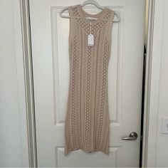 Nwt From Spanish Boutique. Crochet/ Lace Cover Up Dress In Tan. Mid Length. Size Xs Fitted Beige Crochet Dress With Open Knit, Beige Sleeveless Crochet Dress With Lace Trim, Beige Sleeveless Open Knit Crochet Dress, Spring Beige Open Knit Crochet Dress, Beige Crochet Knit Midi Dress, Elegant Beige Crochet Dress With Open Knit, Elegant Beige Open Knit Crochet Dress, Casual Beige Crochet Lace Dress, Beige Pointelle Knit Crochet Dress For Spring