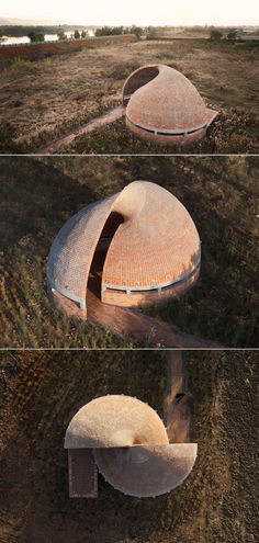 three different views of an old round building in the middle of some grass and dirt