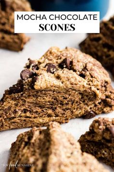 chocolate chip cookies are stacked on top of each other with the words mocha chocolate scones