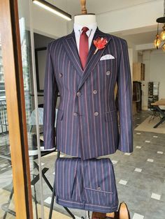 Boston Navy Blue Slim Fit Double Breasted Pinstripe Suit – brabion Double Breasted Pinstripe Suit, Suit Clothes, Clothes Jacket, Pants Gift, Claret Red, Suit Material, Red Suit, Pinstripe Suit, Suits For Sale