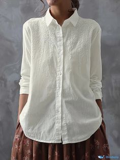 Orcajump - Embroidered Solid Shirt, Casual Button Front Long Sleeve Collared Shirt, Women's Clothing Casual Embroidered Collared Shirt, Casual Embroidered Collared Tops, Casual Embroidered Collared Blouse, Casual Collared Blouse With Embroidery, Embroidered Relaxed Fit Collared Blouse, Embroidered Collared Blouse Relaxed Fit, Embroidered Collared Blouse With Relaxed Fit, Casual Embroidered Button-up Top, Casual Long Sleeve Shirt With Floral Embroidery