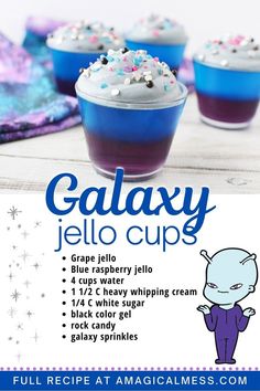 the recipe for galaxy jello cups is shown in blue and white with sprinkles