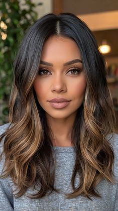 Style Your Look with Dark Brown Hair With Highlights Long Bob Lob Haircuts with Balayage ���💄 Ombre For Black Hair, Hair Highlights On Black Hair, Brown Hair With Highlights Long, Highlights Long Bob, Diy Balayage At Home, Partial Balayage Brunettes, Haircuts Balayage, Haircuts With Balayage, Black Balayage