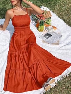 Women's Summer Solid Color Empire Waist Ruffle Hem Maxi Dress With Halter Neckline Coral Orange Boho  Sleeveless Fabric Plain Cami Non-Stretch Spring/Summer Women Clothing, size features are:Bust: ,Length: ,Sleeve Length: Yellow Maxi Dresses, Women Beach Outfits, Orange Sundress, Flowy Sundress, Summer Bridesmaid Dresses, Orange Bridesmaid Dresses, Orange Maxi Dress, Tie Maxi Dress, Yellow Maxi