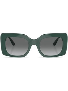 dark green acetate gradient lenses rectangle frame logo print at the arm straight arms curved tips These glasses come with a protective case. Frame Logo, Vogue Eyewear, Rectangle Frame, Logo Print, Protective Cases, Sunglasses Accessories, Stylish Outfits, Dark Green, Fashion Branding