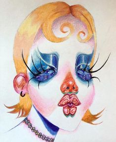 a drawing of a woman's face with blue eyes and pink lips, on a white background