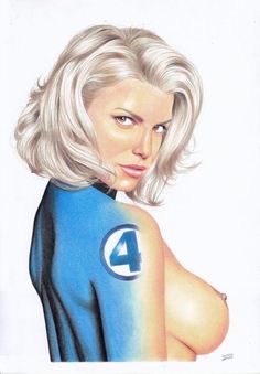 a drawing of a woman with blonde hair wearing a blue body suit and looking at the camera