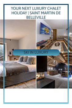 an advertisement for a luxury hotel in saint martin de belvillee, with pictures of the rooms