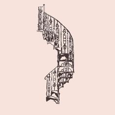 a drawing of a spiral staircase in black and white on a light pink background,