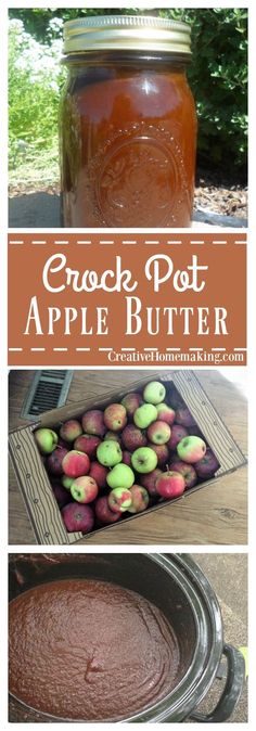 crock pot apple butter recipe with apples in the background and text overlay that reads crock pot apple butter