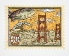 a stamp with an image of the golden gate bridge and hot air balloon flying over it