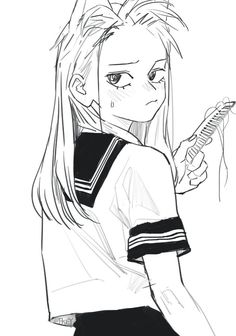 a drawing of a girl with long hair holding a cell phone and looking at it