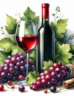 a painting of wine and grapes on a table