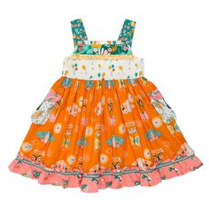 Your girl will be a happy camper in the summer celebration dress. From bouncing balloons to fluttery butterflies and rockin' roller skates this whimsical piece will be a favorite. It even has sparkly buttons and functional pockets. Comes from a clean, smoke free and pet free home. Playful Sundress For Garden Party In Summer, Playful Sundress For Summer Garden Party, Orange Summer Picnic Dress, Playful Cotton Floral Print Sundress, Orange Summer Dress For Picnic, Playful Orange Sleeveless Dress, Playful Orange Spring Dress, Fun Cotton Sundress For Spring, Multicolor Summer Sundress For Play