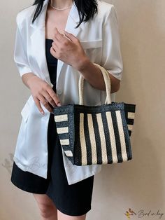 Bird in Bag - Womens Woven Handbag with Unique Design and Colorful Stripes, Single Shoulder Bag, Summer Bag, Foldable Straw Bag for Casual White Handheld Box Bag, Casual Large Capacity White Box Bag, Casual White Large Capacity Box Bag, Casual White Box Shoulder Bag, Trendy Rectangular Beach Bag With Mobile Phone Bag, Daily Use Beach Tote With Mobile Phone Bag, Black Canvas Bucket Bag For Summer, Black Summer Bucket Canvas Bag, Black Summer Canvas Bucket Bag