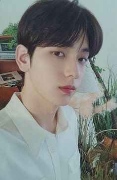 a young man is posing for a photo in front of some plants and a desk