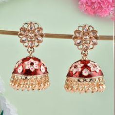 Gold Rodium Polish Gold, Red and Maroon, White and Off White color Earrings in Brass studded with CZ Diamond, Kundan Off White Color, Cz Diamond, Metal Earrings, Brass Metal, Gold Earrings, Off White, Brass, Stone, Red