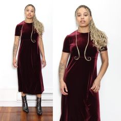 essential vintage 90s Talbots burgundy velvet stretch midi/maxi dress featuring short sleeves, crewneck, empire waist and an a-line skirt - unlined = = = DESCRIPTION = = = BRAND: Talbots LISTED SIZE: P MATERIAL: 90% polyester, 10% spandex COLORS: burgundy FLAWS: - CONDITION: very good vintage condition = = = MEASUREMENTS = = = (taken while garment is flat, please double) **item has some stretch** SHOULDERS: 14.5 inches BUST: 18 inches SLEEVE LENGTH: 7.5 inches WAIST: 17 inches HIPS: 20 inches SH Vintage Burgundy Dress, Stretch Shoulders, Capsule Wardrobe Dresses, Minimalist Capsule Wardrobe, Burgundy Wine, Burgundy Dress, Stretch Shorts, Midi Maxi Dress, Dress Clothes For Women