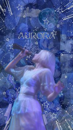 a digital painting of a woman holding a baseball bat in front of stars and the word aurora