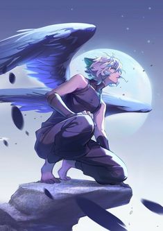 an anime character with wings on top of a rock in front of a full moon