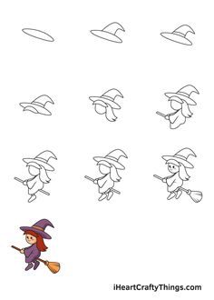 the witch is flying through the air with her broom in hand and several other drawings behind her