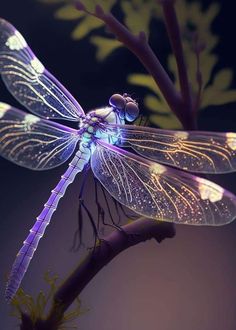 a blue dragonfly sitting on top of a plant