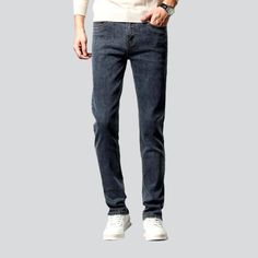 Introducing our Dark Men's Aged Jeans from the 2023 Autumn-Winter Collection the perfect marriage of laid-back trend and classic aged vibes!Why You'll Love It: Street Style: Featuring narrowing legs and a high-rise fit, these jeans are perfectly suited for the modern, street-savvy man. Vintage Vibes: True to its aged roots, these jeans are crafted from a special blend of cotton and elastane, making them stretchy and comfortable. Dark Denim: Bathed in a deep, dark shade, these jeans exude a timel Winter Straight Leg Jeans, Winter Straight Leg Jeans With Five Pockets, Straight Leg Winter Jeans, Straight Leg Jeans For Winter, Winter Denim Jeans With Tapered Leg, Winter Denim Tapered Leg Jeans, Classic Relaxed Fit Winter Jeans, Classic Winter Denim Bottoms, Classic Denim Bottoms For Winter