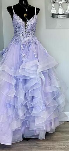 Purple Ruffled Ball Gown, Lace Prom Evening Dress With Ruffles, Lace Gown With Ruffles For Prom Season, Lace Evening Dress With Ruffles For Prom, Organza Ball Gown With Ruffles For Prom, Ruffled Organza Gown For Prom, Quinceanera Evening Dress With Ruffles For Prom Season, Ruffled Evening Dress For Prom Season And Quinceanera, Lace Trim Gown For Prom Season