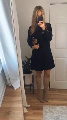 [CommissionsEarned] 93 Beautiful Winter Dinner Outfits Ideas This Winter You Will Ever Need #style Fall Dresses And Boots Outfit, Thigh High Boots Outfit Fall Jeans, Mid Length Dress With Tall Boots, Fall Dress Outfits With Boots, Work Dress And Boots, Dress With Boots Fall Outfit, Black Dress Outfit Winter Classy, Dresses And Tall Boots, Express Outfits Work